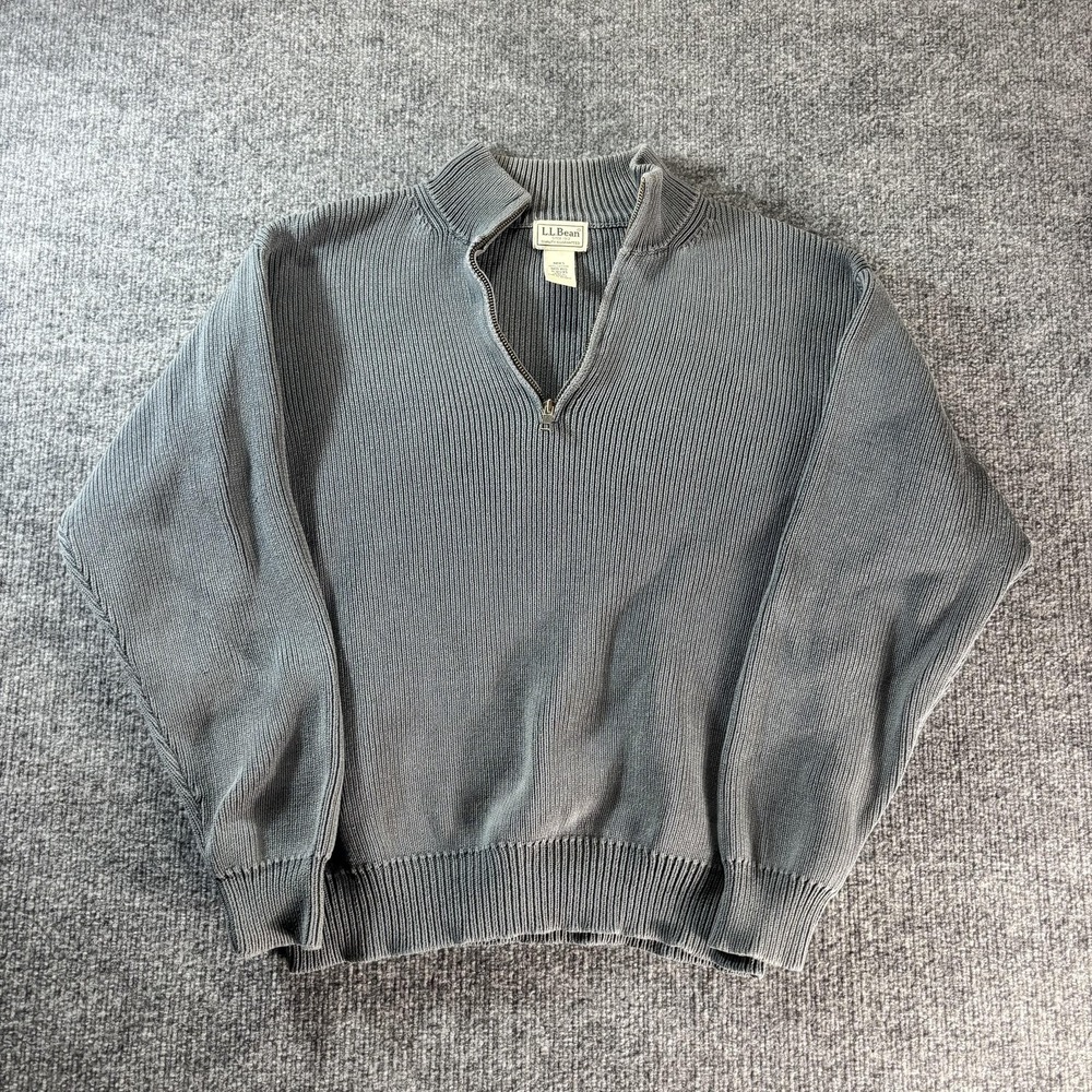 L.L. Bean Sweater Mens Medium Gray‎ Cotton Knit 1/4 Zip Mock Neck Pullover